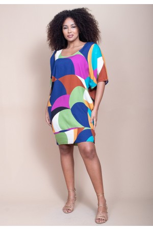 Vestido Curto Plano Morcego Estampa Jardim Azul