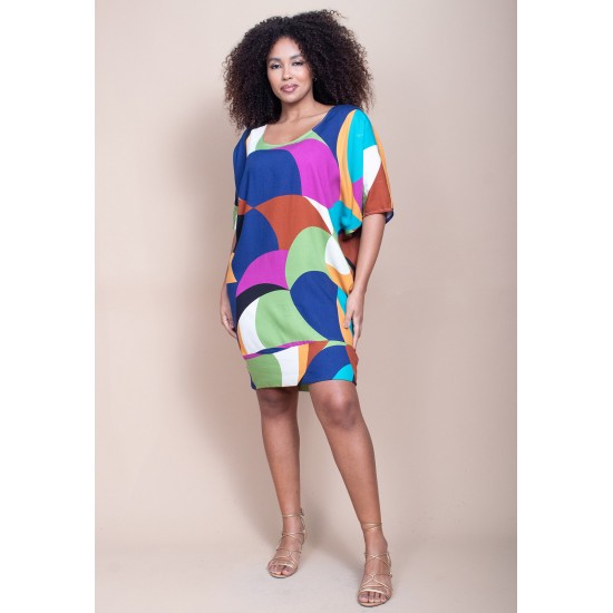 Vestido Curto Plano Morcego Estampa Jardim Azul