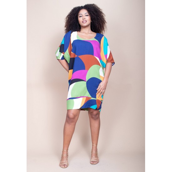 Vestido Curto Plano Morcego Estampa Jardim Azul