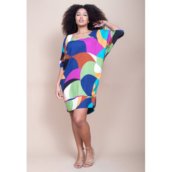 Vestido Curto Plano Morcego Estampa Jardim Azul