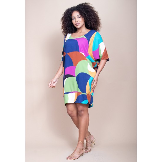 Vestido Curto Plano Morcego Estampa Jardim Azul
