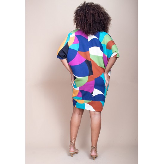Vestido Curto Plano Morcego Estampa Jardim Azul