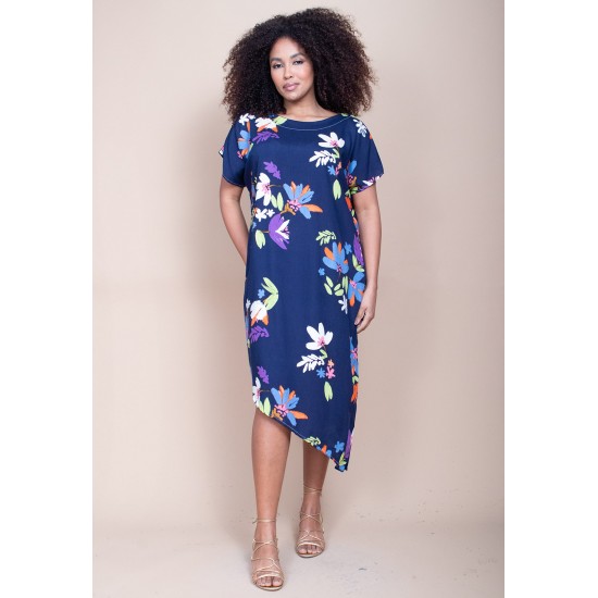Vestido Midi Plano Estampa Festa das Flores Azul