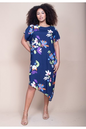 Vestido Midi Plano Estampa Festa das Flores Azul