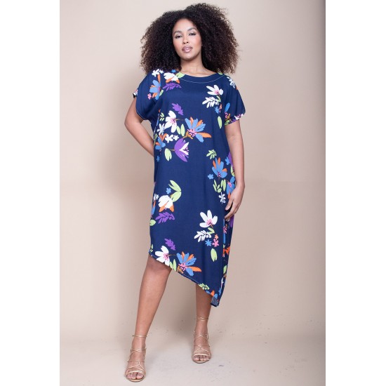 Vestido Midi Plano Estampa Festa das Flores Azul
