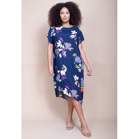 Vestido Midi Plano Estampa Festa das Flores Azul