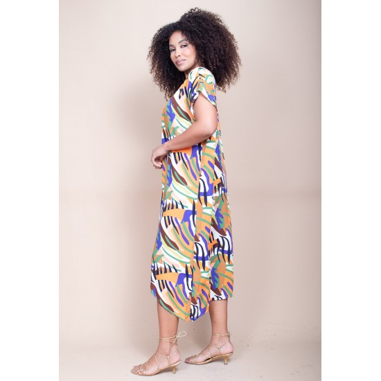 Vestido Midi Plano Estampa Cores Vibrantes