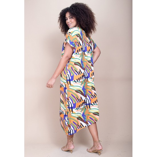 Vestido Midi Plano Estampa Cores Vibrantes
