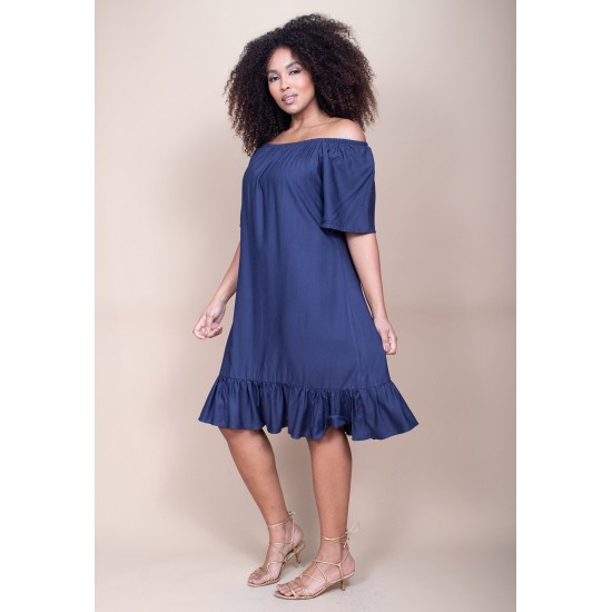 Vestido Curto Mullet Ombro a Ombro Amplo Azul Marinho