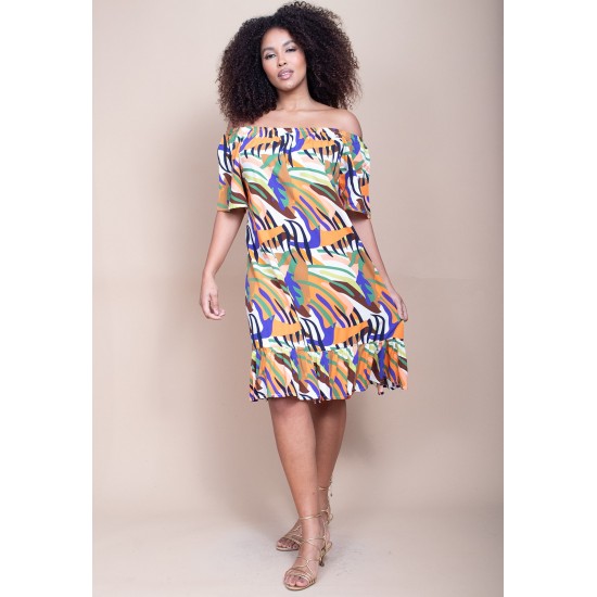 Vestido Curto Mullet Ombro a Ombro Estampa Cores Vibrantes