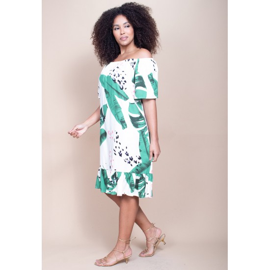 Vestido Curto Mullet Ombro a Ombro Estampa Folhagem Poética
