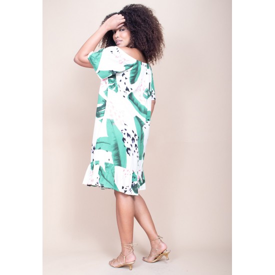 Vestido Curto Mullet Ombro a Ombro Estampa Folhagem Poética