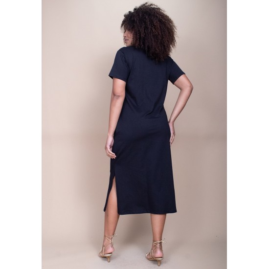 Vestido Midi Algodão Manga Curta Moda Evangélica Preto