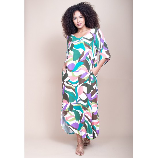 Vestido Midi Abapã Plano com Bolso Estampa Encanto Botânico