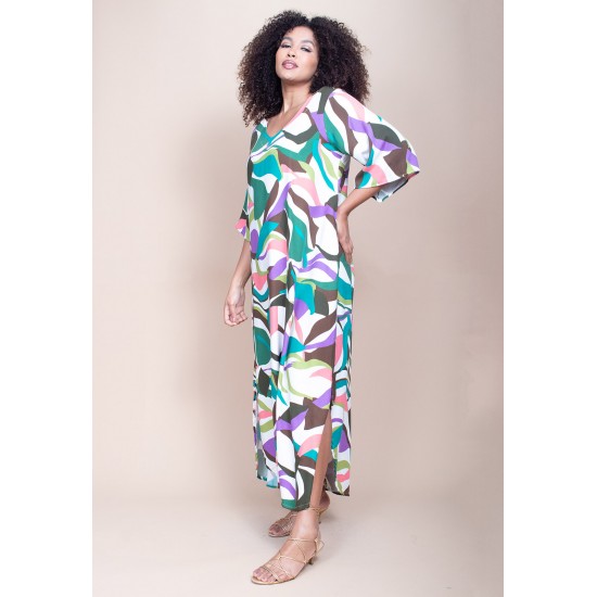 Vestido Midi Abapã Plano com Bolso Estampa Encanto Botânico