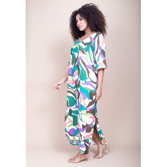 Vestido Midi Abapã Plano com Bolso Estampa Encanto Botânico