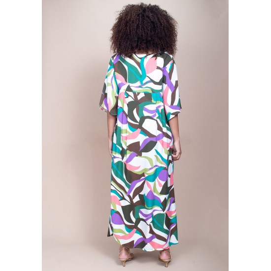 Vestido Midi Abapã Plano com Bolso Estampa Encanto Botânico