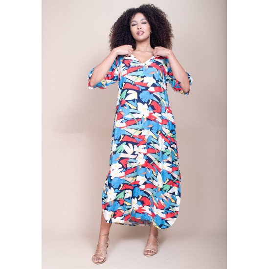 Vestido Midi Abapã Plano com Bolso Estampa Floresce