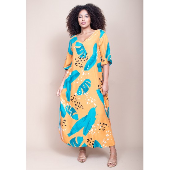 Vestido Midi Abapã Plano com Bolso Estampa Aurora Botânica