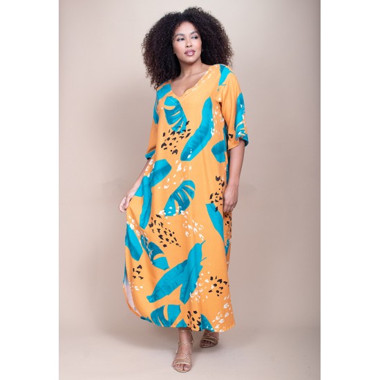 Vestido Midi Abapã Plano com Bolso Estampa Aurora Botânica