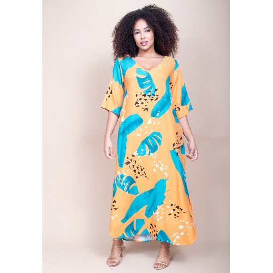 Vestido Midi Abapã Plano com Bolso Estampa Aurora Botânica