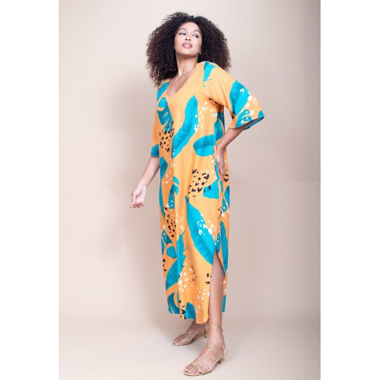 Vestido Midi Abapã Plano com Bolso Estampa Aurora Botânica