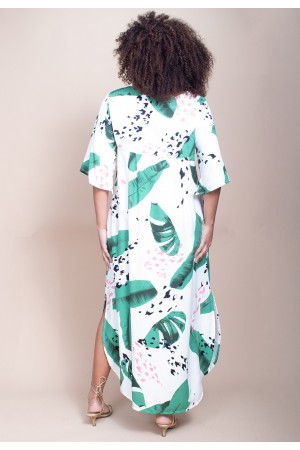 Vestido Midi Abapã Plano com Bolso Estampa Folhagem Poética