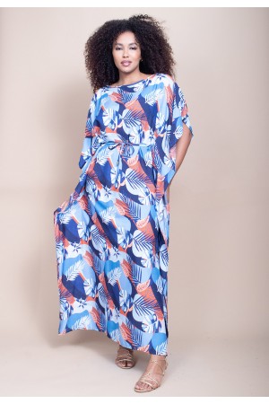 Vestido Kaftan Viscose Longo Estampa Jardim Celeste
