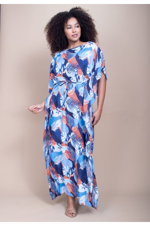 Vestido Kaftan Viscose Longo Estampa Jardim Celeste