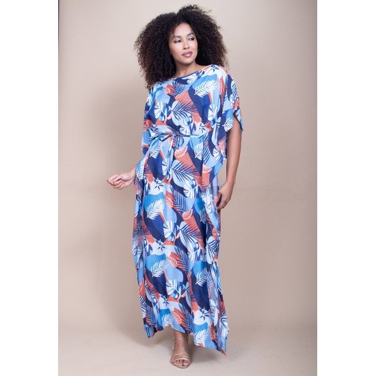 Vestido Kaftan Viscose Longo Estampa Jardim Celeste