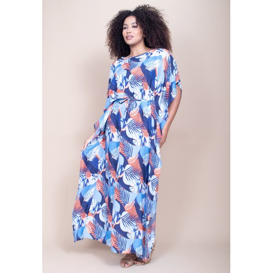 Vestido Kaftan Viscose Longo Estampa Jardim Celeste
