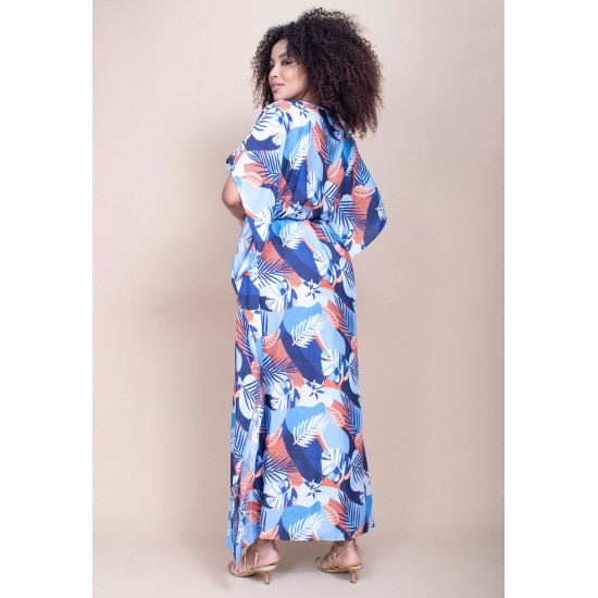 Vestido Kaftan Viscose Longo Estampa Jardim Celeste