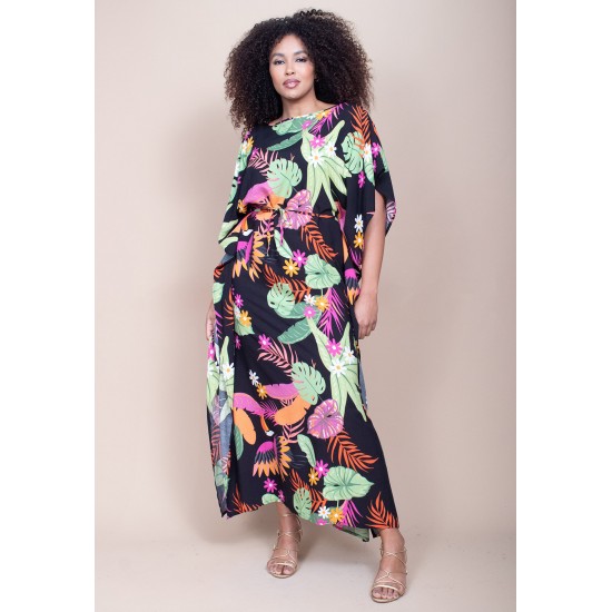 Vestido Kaftan Viscose Longo Estampa Noite Botânica