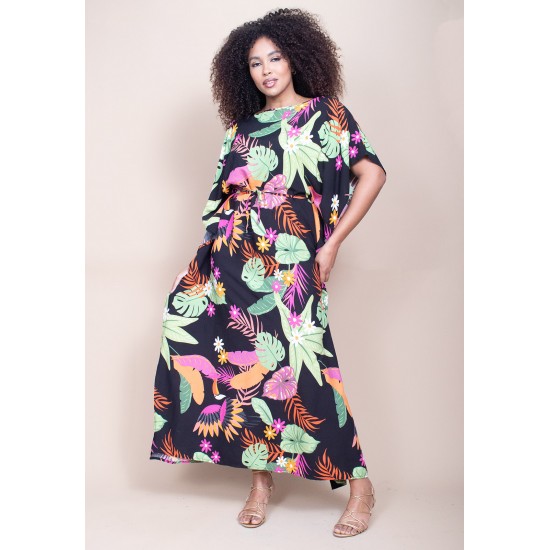 Vestido Kaftan Viscose Longo Estampa Noite Botânica