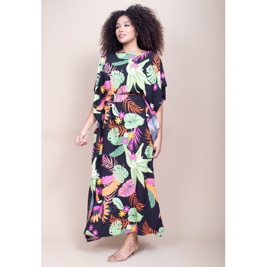 Vestido Kaftan Viscose Longo Estampa Noite Botânica