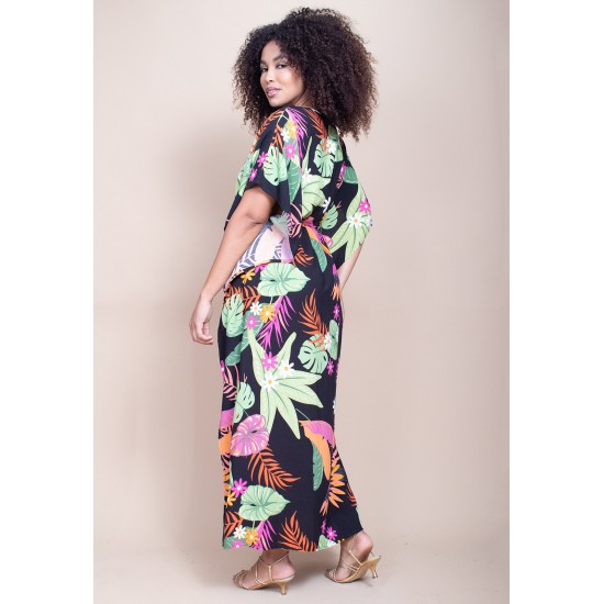 Vestido Kaftan Viscose Longo Estampa Noite Botânica