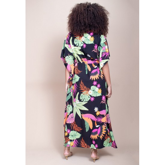 Vestido Kaftan Viscose Longo Estampa Noite Botânica