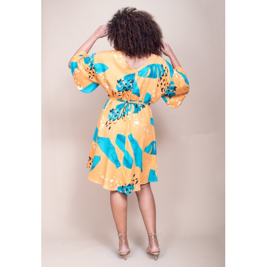 Vestido Curto Caaxixá Viscose com Cordão na Cintura Estampa Aurora Botânica