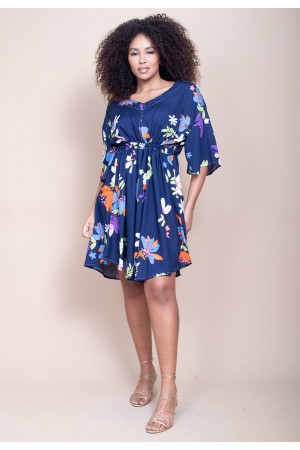 Vestido Curto Caaxixá Viscose com Cordão na Cintura Estampa Festa das Flores Azul