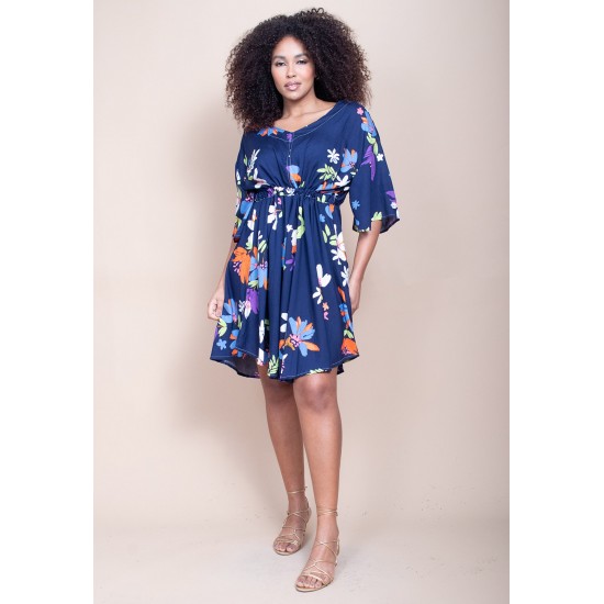 Vestido Curto Caaxixá Viscose com Cordão na Cintura Estampa Festa das Flores Azul