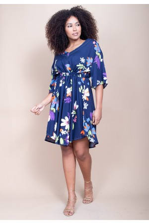 Vestido Curto Caaxixá Viscose com Cordão na Cintura Estampa Festa das Flores Azul