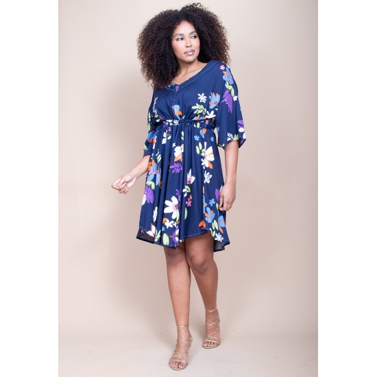 Vestido Curto Caaxixá Viscose com Cordão na Cintura Estampa Festa das Flores Azul