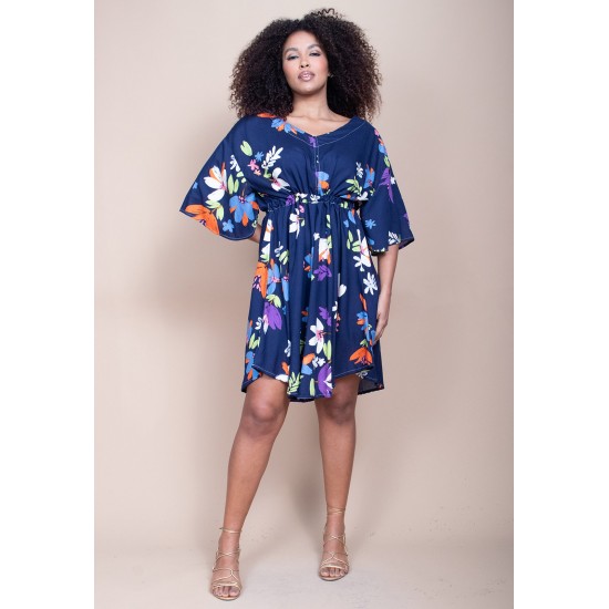 Vestido Curto Caaxixá Viscose com Cordão na Cintura Estampa Festa das Flores Azul