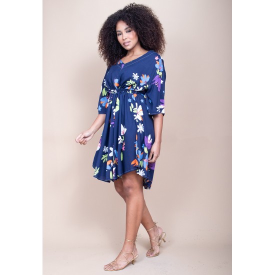 Vestido Curto Caaxixá Viscose com Cordão na Cintura Estampa Festa das Flores Azul