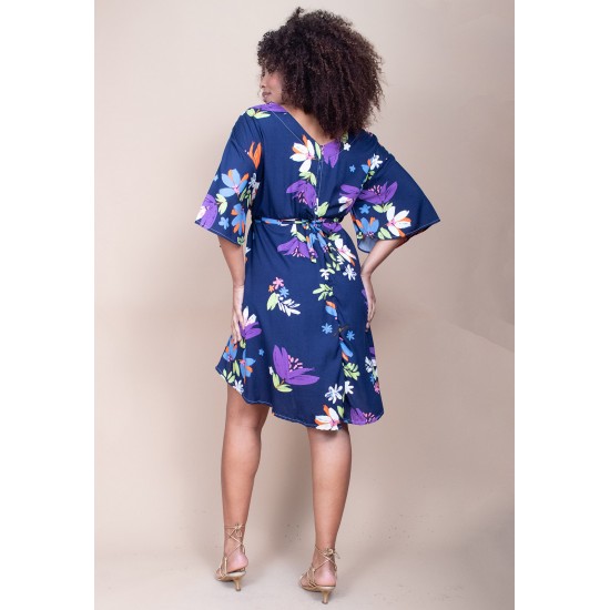 Vestido Curto Caaxixá Viscose com Cordão na Cintura Estampa Festa das Flores Azul