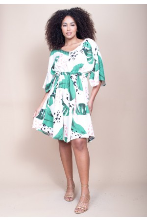 Vestido Curto Caaxixá Viscose com Cordão na Cintura Estampa Folhagem Poética