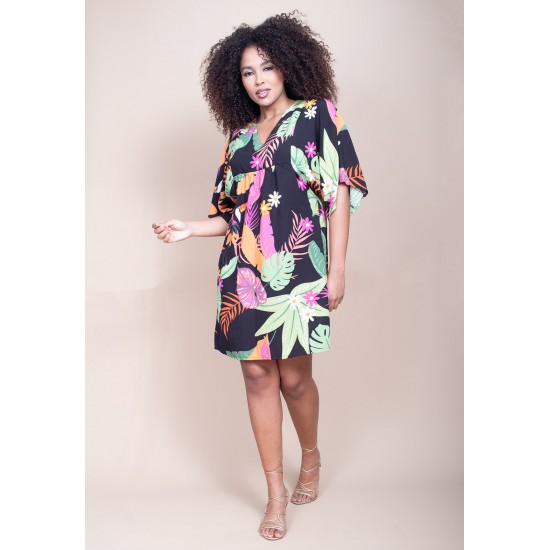 Vestido Curto Pequi Viscose Estampa Noite Botânica