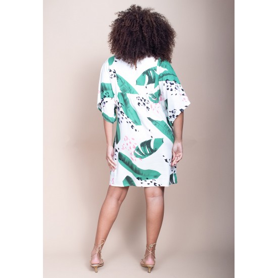 Vestido Curto Pequi Viscose Estampa Folhagem Poética
