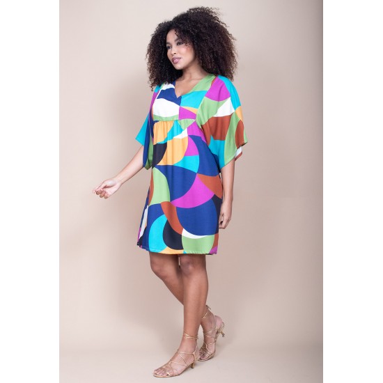 Vestido Curto Pequi Viscose Estampa Jardim Azul