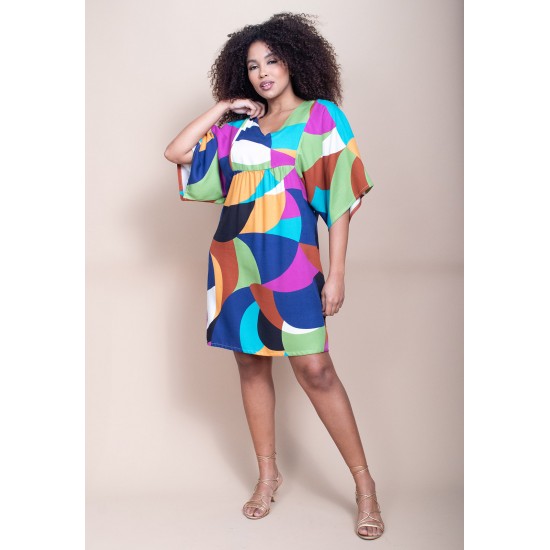 Vestido Curto Pequi Viscose Estampa Jardim Azul